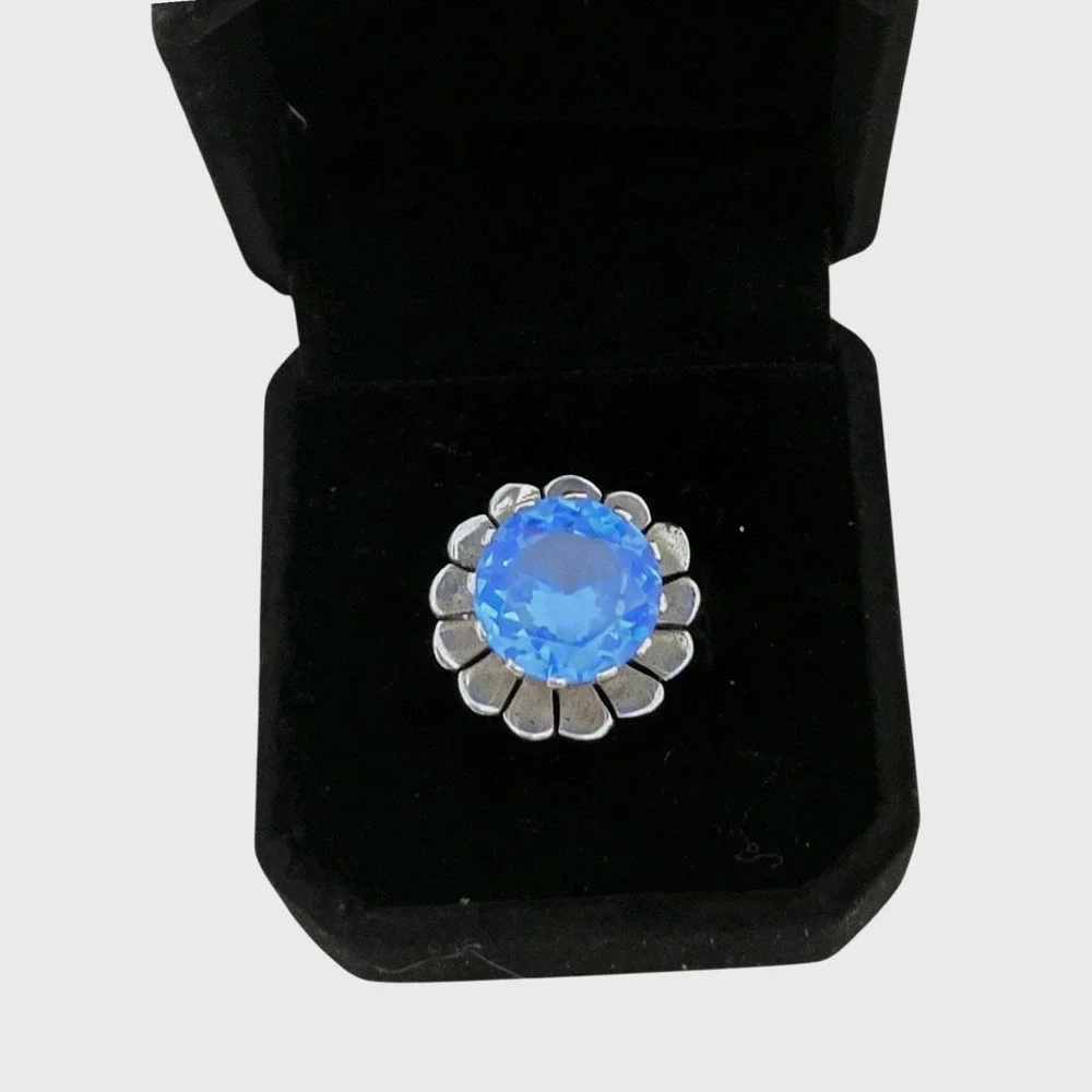 Vtg Large Sky Blue Faceted Topaz Flower Sterling 925 Ring Solitaire Mexico Sz 6